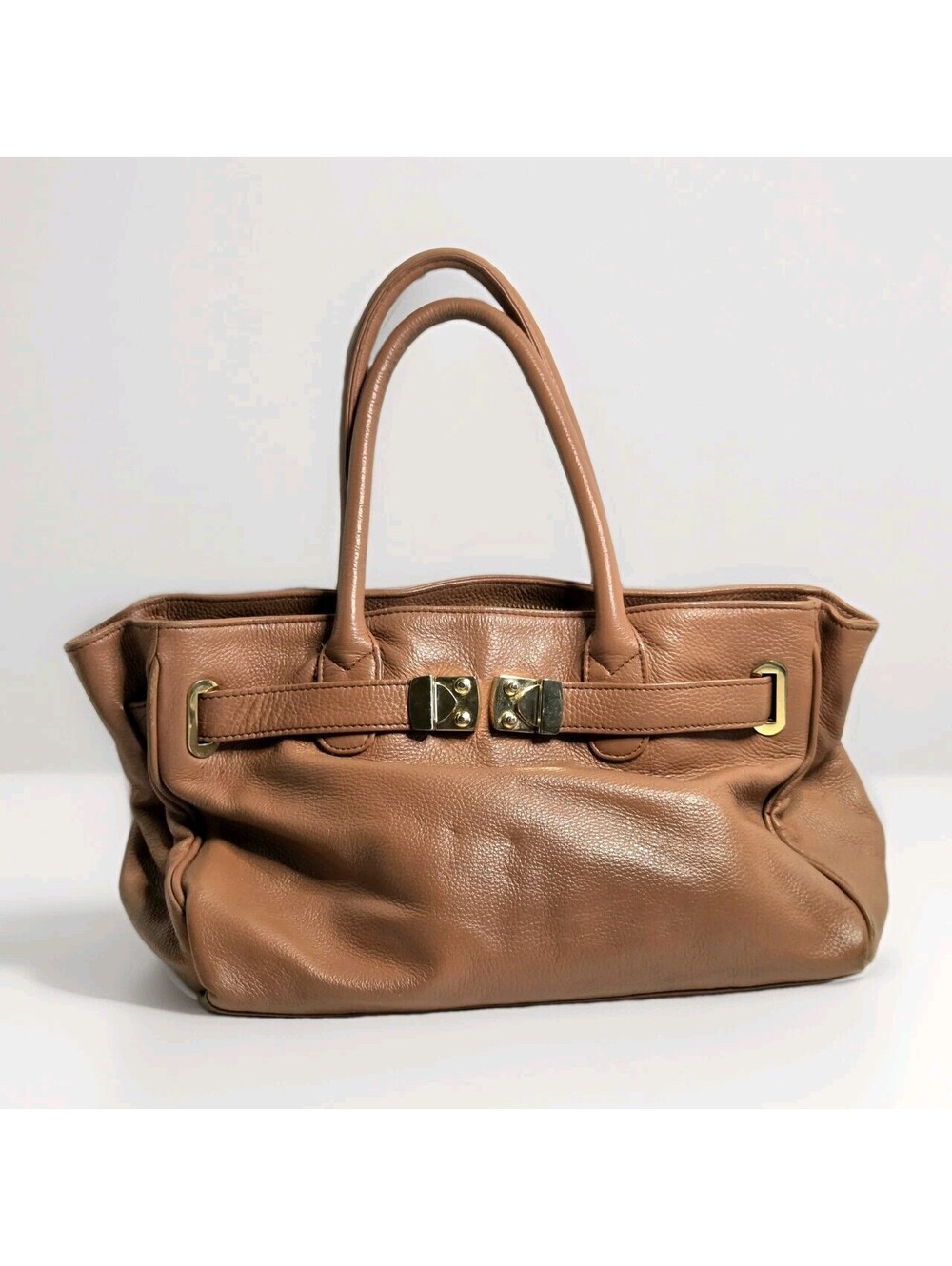 Onna Ehrlich Brown Cowhide Pebbled Leather Maya Tote Satchel Bag Stud Feet
